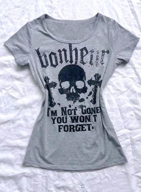辣妹骷髅字母印花短袖T恤女美式夏季新款灰色收腰修身显瘦上衣ins