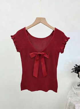 红色V领系带蝴蝶结针织衫女短袖辣妹小众修身打底衫内搭上衣ins