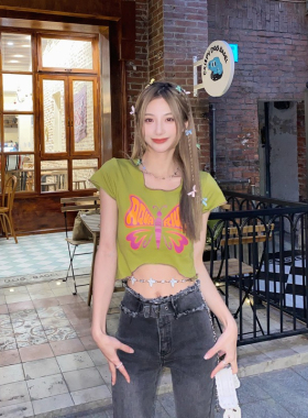 美式印花不规则短袖T恤小众甜酷风露脐辣妹修身撞色多巴胺上衣夏