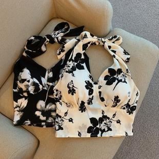 花朵挂脖吊带背心女夏季 小众性感v领显瘦外穿露背系带ins上衣 新款