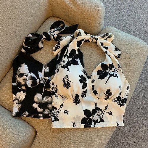 花朵挂脖吊带背心露背系带上衣