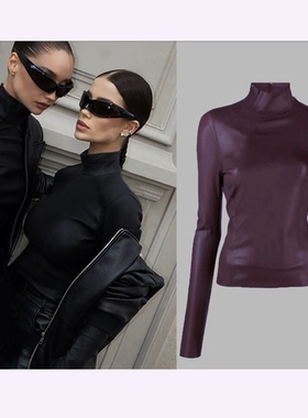 Ms sheep进口小羊真皮弹力紧身高领长袖T恤 外穿内搭秋冬男女同款