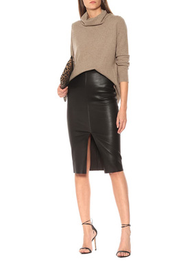 Ms sheep羊小姐 法式优雅进口羊皮弹力皮简约高腰紧身包臀裙 过膝