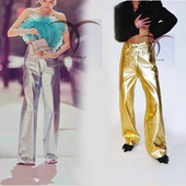 明星博主同款 潮奢未来感真皮羊皮金银色高腰直筒长裤 显瘦大腿长