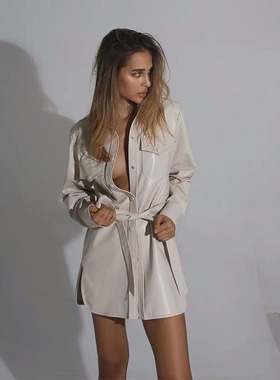 Ms sheep 羊小姐 长袖羊皮时尚系腰带米白色皮衬衫皮风衣中长款