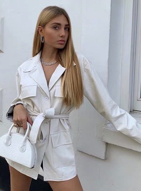 Ms sheep羊小姐新款欧美博主同款乳白色系腰带绵羊皮风衣外套促销