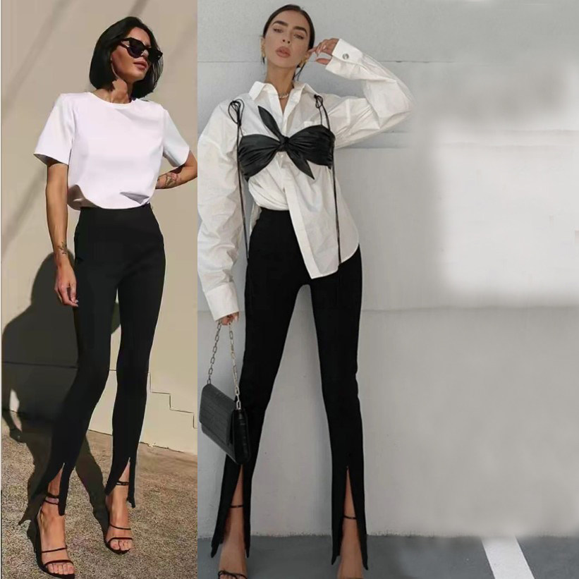 特价 辣妹真皮黑色绒面弹力皮高腰紧身包臀铅笔长 裤脚拉链可调节