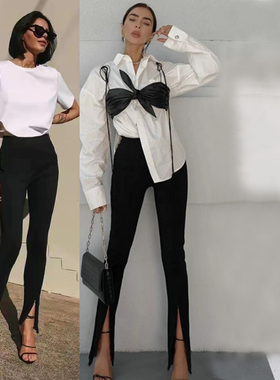 特价 辣妹真皮黑色绒面弹力皮高腰紧身包臀铅笔长 裤脚拉链可调节