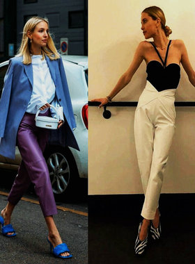 复古风新款绵羊皮真皮 欧美博主同款高腰休闲裤 花苞八分锥腿裤