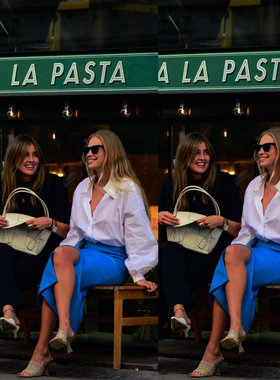 Ms sheep 羊小姐 新款法式优雅 简约高腰开叉长裙纯皮半身裙 蓝色