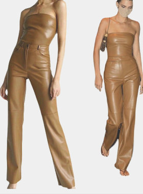 Ms sheep   新款显瘦阔腿长裤高腰皮裤 棕褐色 黑色 明星同款