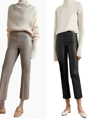 进口小羊皮真皮弹力皮简约精致无痕高腰不挑身材百搭小直筒九分裤