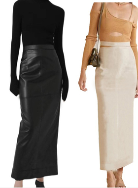 Ms sheep新款法式优雅高腰镂空开叉长裙真皮半身裙 黑色 白色