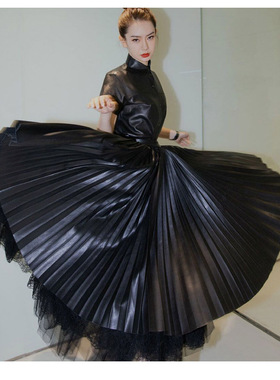 Ms sheep羊小姐 回馈价 宋茜戚薇同款 高腰百褶长裙 短袖羊皮衬衫