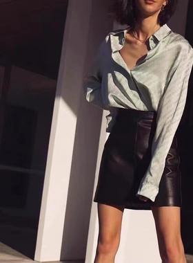 新款羊皮真皮博主同款女士黑色小A裙 不挑身材高腰短裙防走光里衬