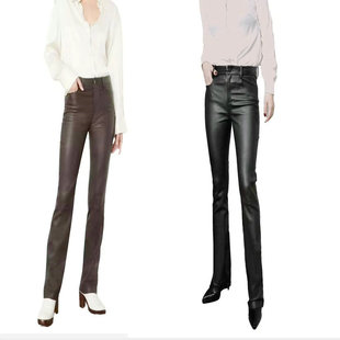 黑色 巧克力乌棕色 真皮羊皮弹力皮大长腿直筒微微喇叭女皮裤 长裤