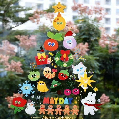 卡通圣诞树玻璃窗花贴纸节日