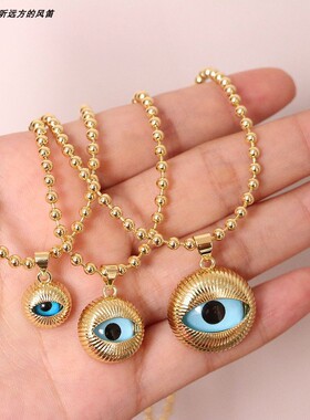 Evil Eye恶魔之眼圆形吊坠项链 爱心蓝眼睛珠链锁骨链毛衣链