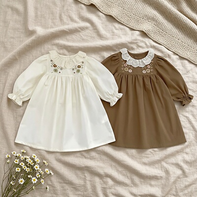 女童纯棉连衣裙宝宝洋气蕾丝花边翻领长袖田园风刺绣公主裙春秋款