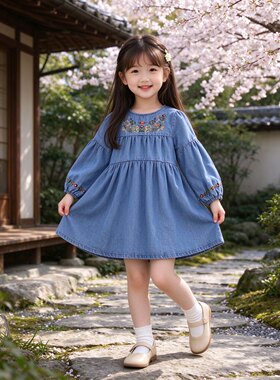 女童民族风刺绣牛仔裙春秋款中小童休闲洋气长袖连衣裙绣花娃娃裙