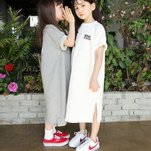 童装韩版夏季字母女童短袖连衣裙宽松长款T恤裙时尚中小大童亲子