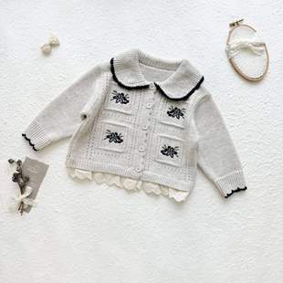 女童纯棉毛线外套秋冬季 女宝宝翻领毛衣蕾丝花边上衣 绣花针织开衫