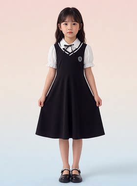 夏季女童泡泡短袖衬衫裙学院风连衣裙洋气假两件初中生大童学生裙