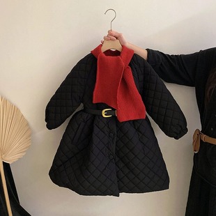 女童棉服裙冬季中长款棉衣连衣裙宝宝赫本风时尚加绒加厚过膝棉袄