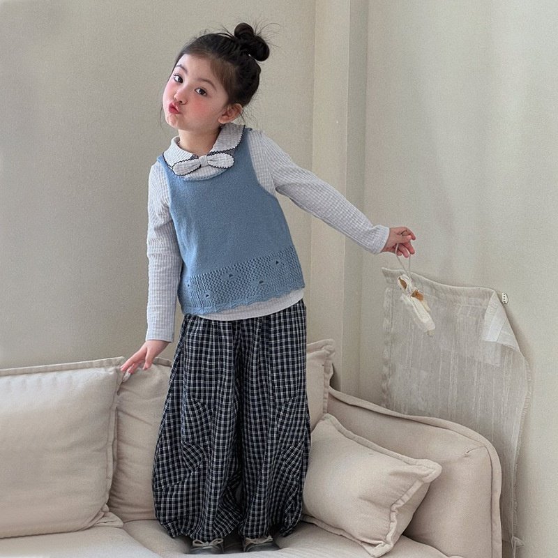 原创春款女童可爱娃娃领长袖衬衫洋气针织背心宝宝马甲格子休闲裤,童装/婴儿装/亲子装,套装,淘宝优惠券,粉丝福利购,淘宝优惠卷