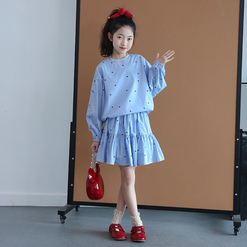 春夏季女童小爱心印花长袖系带衬衫纯棉女孩荷叶边半身裙甜美气质