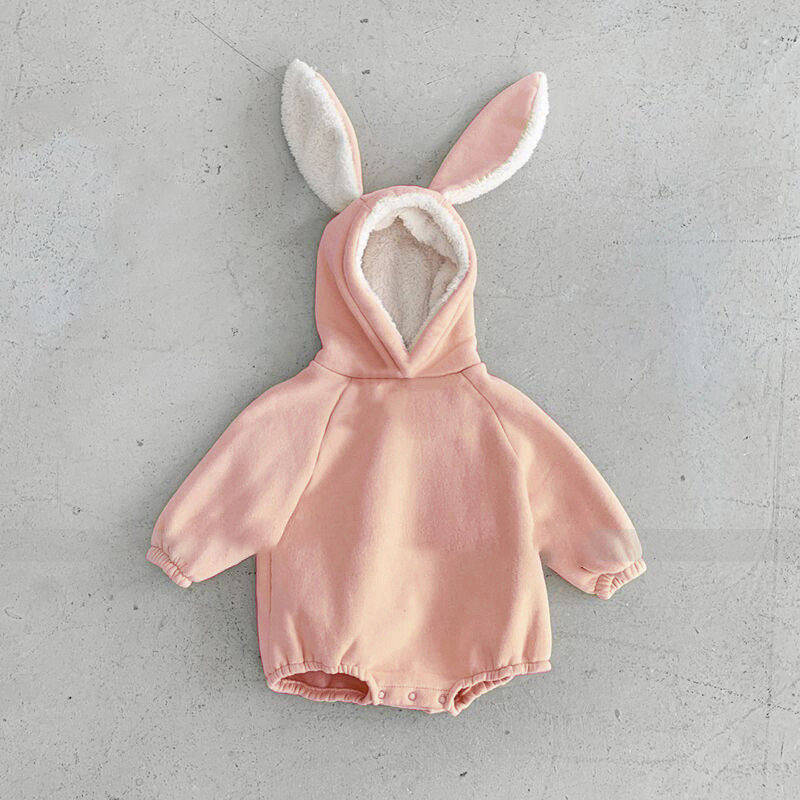 ins男女宝宝冬季连身衣可爱兔耳朵抓绒卫衣连帽包屁爬服加绒哈衣