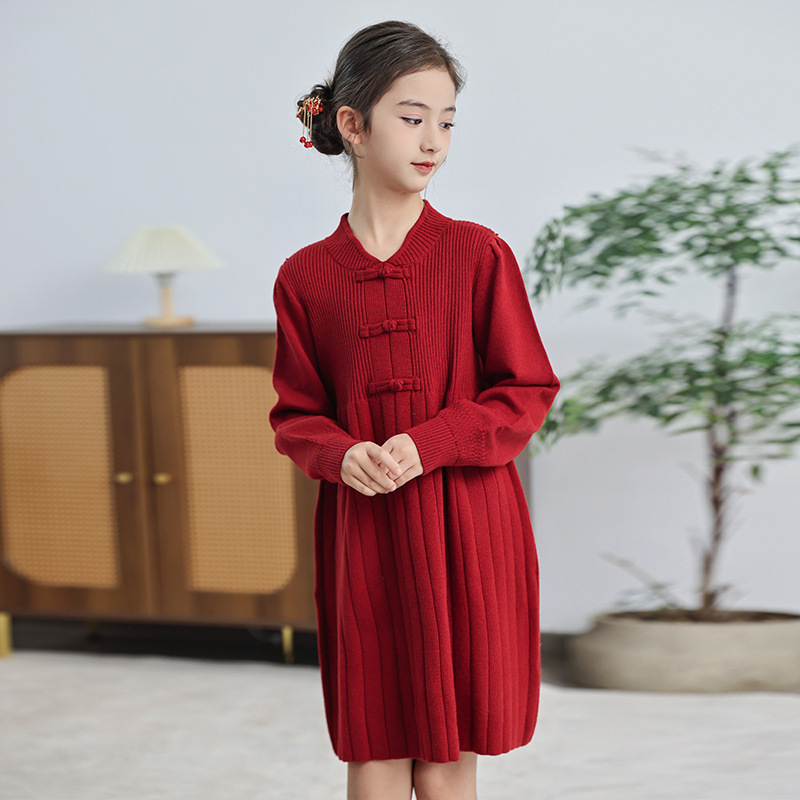 女童针织毛衣裙童装国风盘扣拜年服中大童连衣裙秋冬装儿童旗袍裙