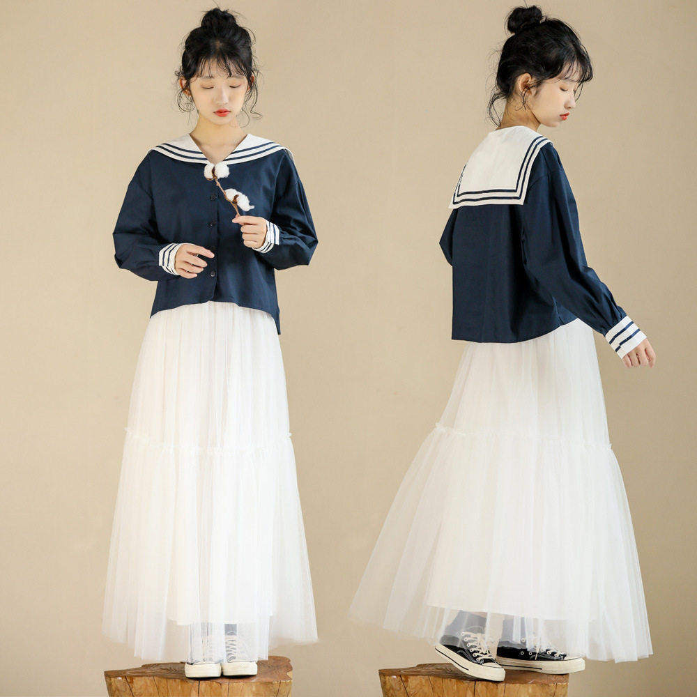 春秋学院风海军领衬衣前短后长宽松显瘦中大女童长袖短款衬衫纯棉