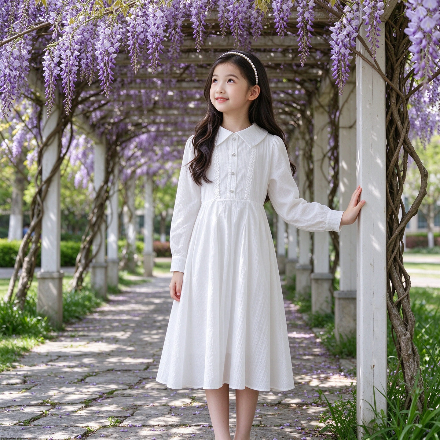 春秋女大童长袖提花棉布连衣裙翻领衬衫裙白色气质文艺中长衬衣裙