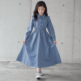 女童春秋衬衣领长裙文艺裙长袖连衣裙纯棉学院风收腰公主裙中大童