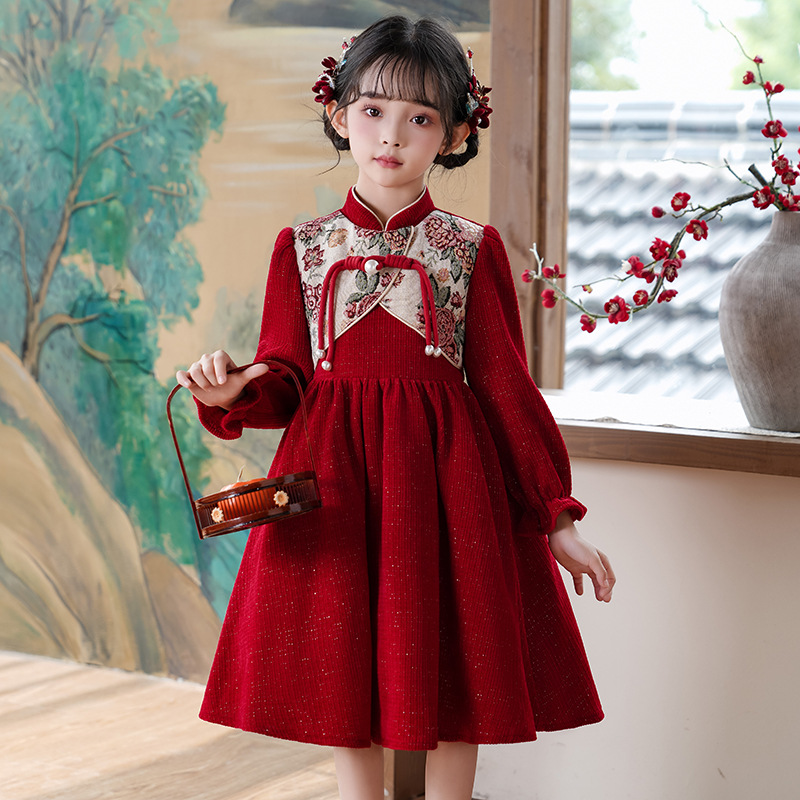 女童旗袍裙长袖加绒连衣裙女孩新中式国风女孩红色喜庆裙子拜年服