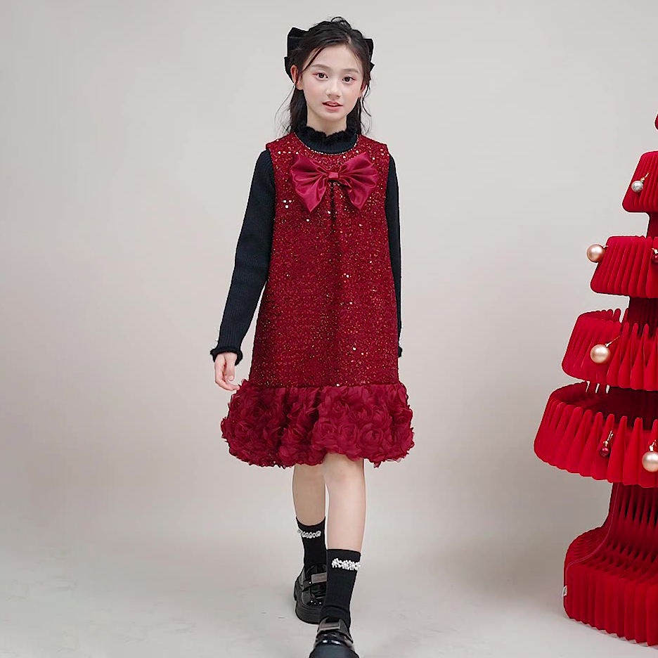 原创高级亮片背心裙花边毛衣套装秋冬款女大童公主裙蝴蝶结新年装