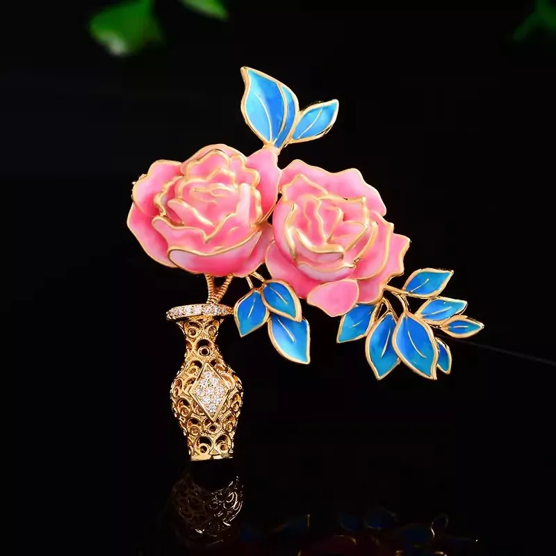 国风牡丹花瓶胸针高档女精致珐琅彩胸花小众设计感别针优雅配饰品