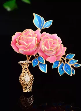 国风牡丹花瓶胸针高档女精致珐琅彩胸花小众设计感别针优雅配饰品