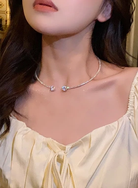 超闪锆石爱心锁骨链女轻奢小众设计感满钻choker开口项圈百搭项链