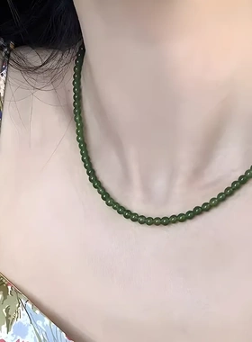显白仿翡翠碧玉绿色串珠项链女新中式元宝扣颈链新款高级感锁骨链