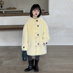 女童皮草外套2025新款连帽中长款儿童皮毛一体冬装保暖毛绒棉大衣