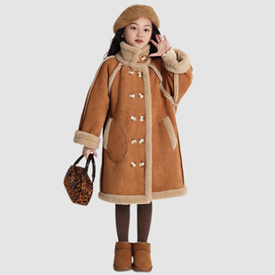 女童冬外套两面穿麂皮绒羊羔毛中长款加绒加厚2025儿童毛毛大衣潮