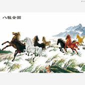 包邮 八马图马到成功客厅家居仿十字绣墙画年画装 饰画复膜印刷贴画
