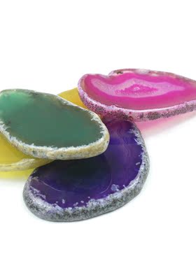 紫黄绿玫红玛瑙片原石切片吊坠原石彩色水晶项链毛衣链吊坠挂饰