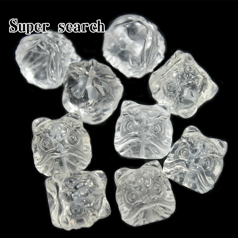 天然白水晶手工雕刻醒狮配珠串珠