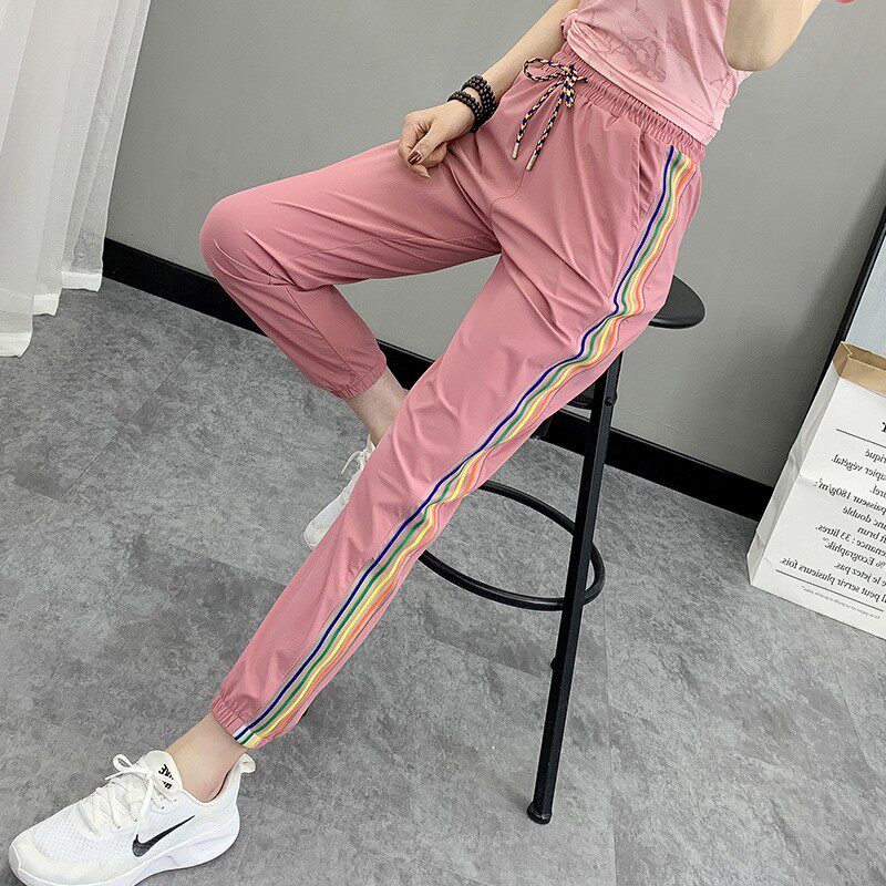 夏季冰丝速干裤女薄款透气松紧长裤凉感运动裤休闲束脚显瘦九分裤