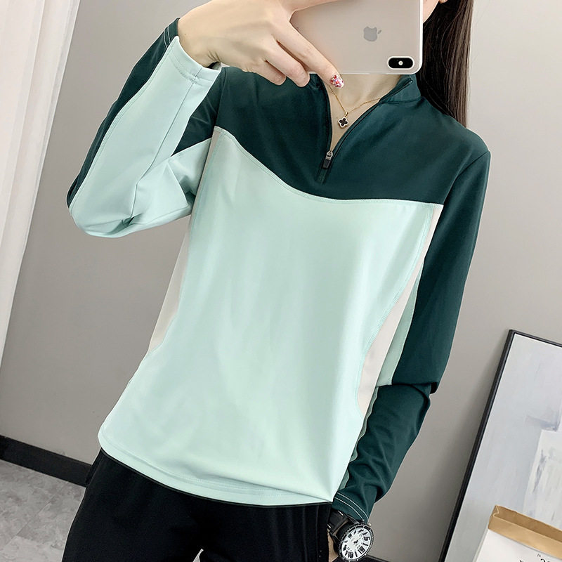 春夏户外运动速干衣女式立领徒步登山女透气弹力拼接长袖快干T恤