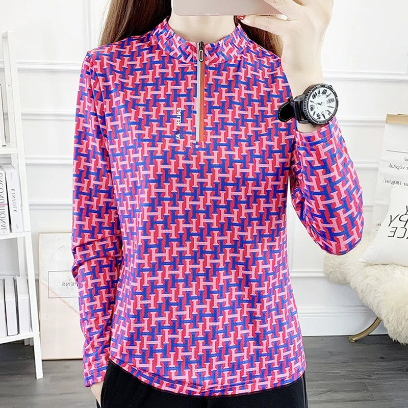 薄款速干t恤女运动上衣弹力透气格子瑜伽跑步长袖户外立领登山服