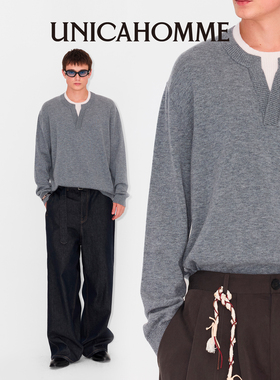 UNICAHOMME/假两件领复式毛衣撞色美丽奴细羊毛长袖针织衫